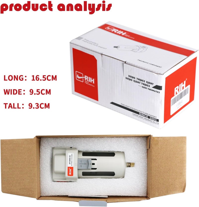 RH 3/8" NPT Air Dryer for Compressor, Air compressor water separator,air compressor filter,AF3000-03 Manual Drain,5 Micron Brass Element, Poly Bowl 0-150 psi 5μm. - Image 5